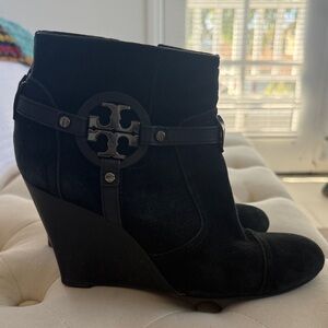 Black Wedge Ankle Boots by Tory Burch with Logo Accent - Women
